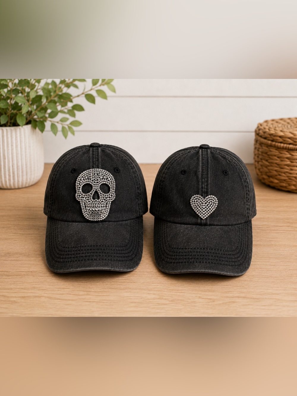 2 Black Baseball Caps with Rhinestone‎ Skull and Heart